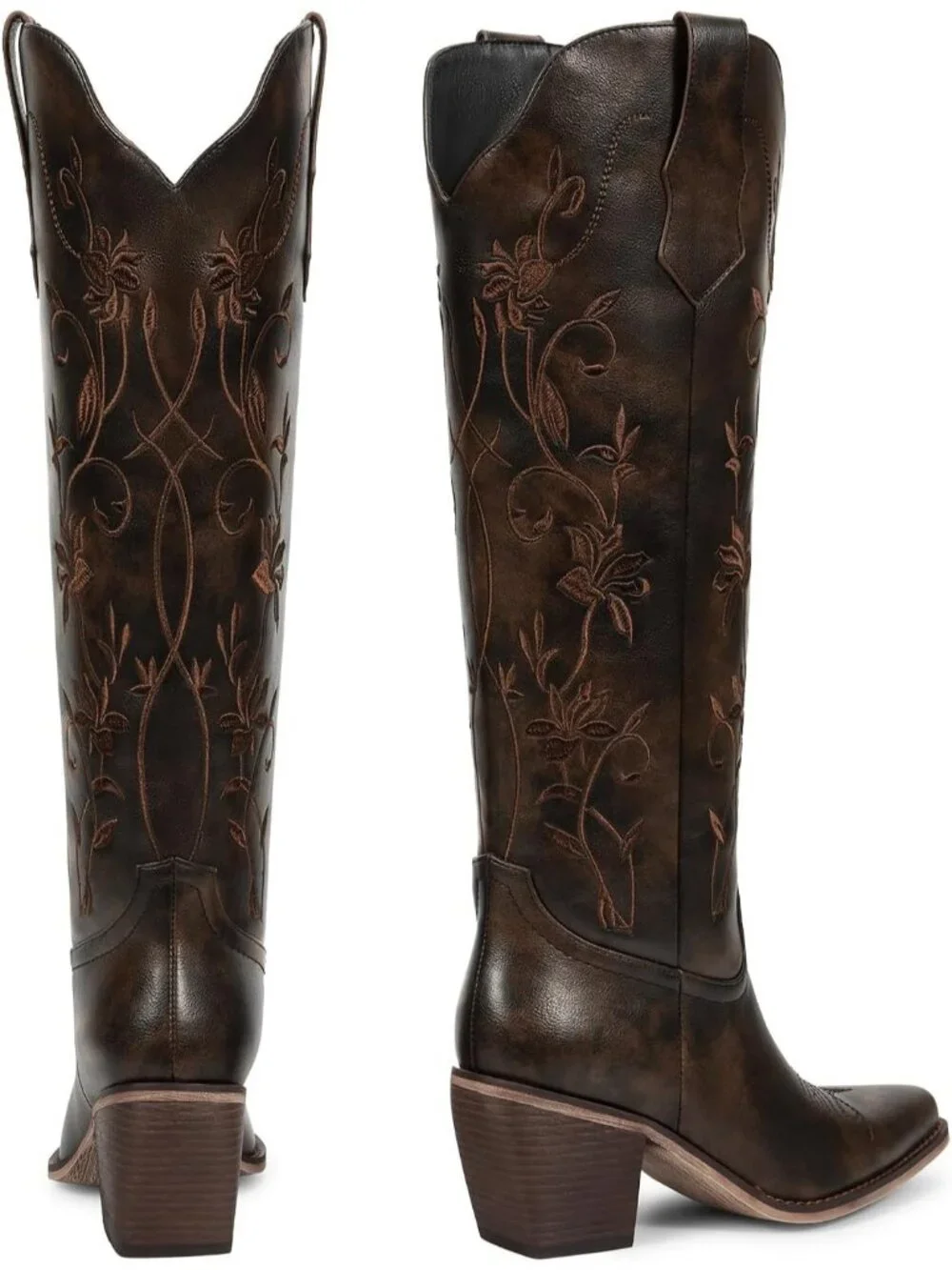 Women's Knee High Cowgirl Boots Vintage Brown Retro Embroidered Chunky Heels - Picture 6 of 6